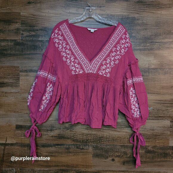 American Eagle Swiss Dot Embroidered Baby Doll Top M Boho Tie Sleeves Gauzy - Picture 1 of 11